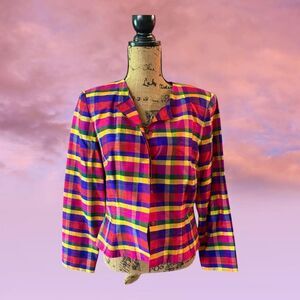 90s Vintage Maggy London Women’s Retro Colorful Plaid Button Down Silk Blazer